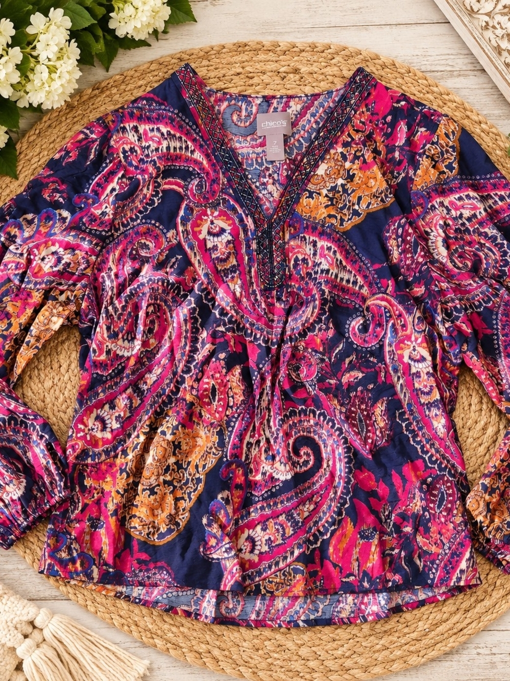 Chico's Navy Pink Paisley V-Neck Peasant Top Sz L